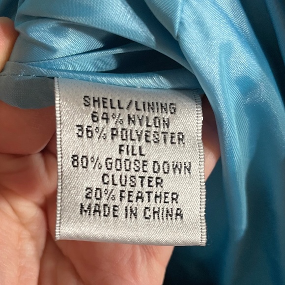 Goose Down Puffer Vest M Feather Cluster Turtleneck Zip Belted Embroidered Blue - Picture 4 of 13